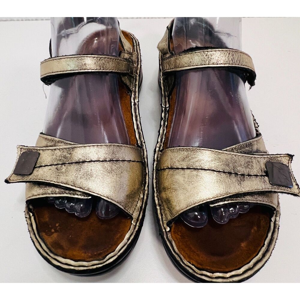 NAOT Papaya Wedge Metallic-Gold Leather Sandals. Size 41.